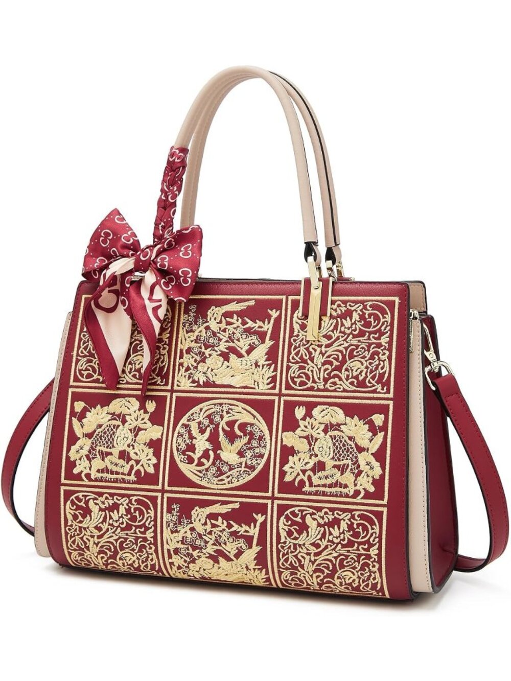 Women's Maroon Vintage Embroidered Top-Handle Retro Satchel Crossbody Handbag